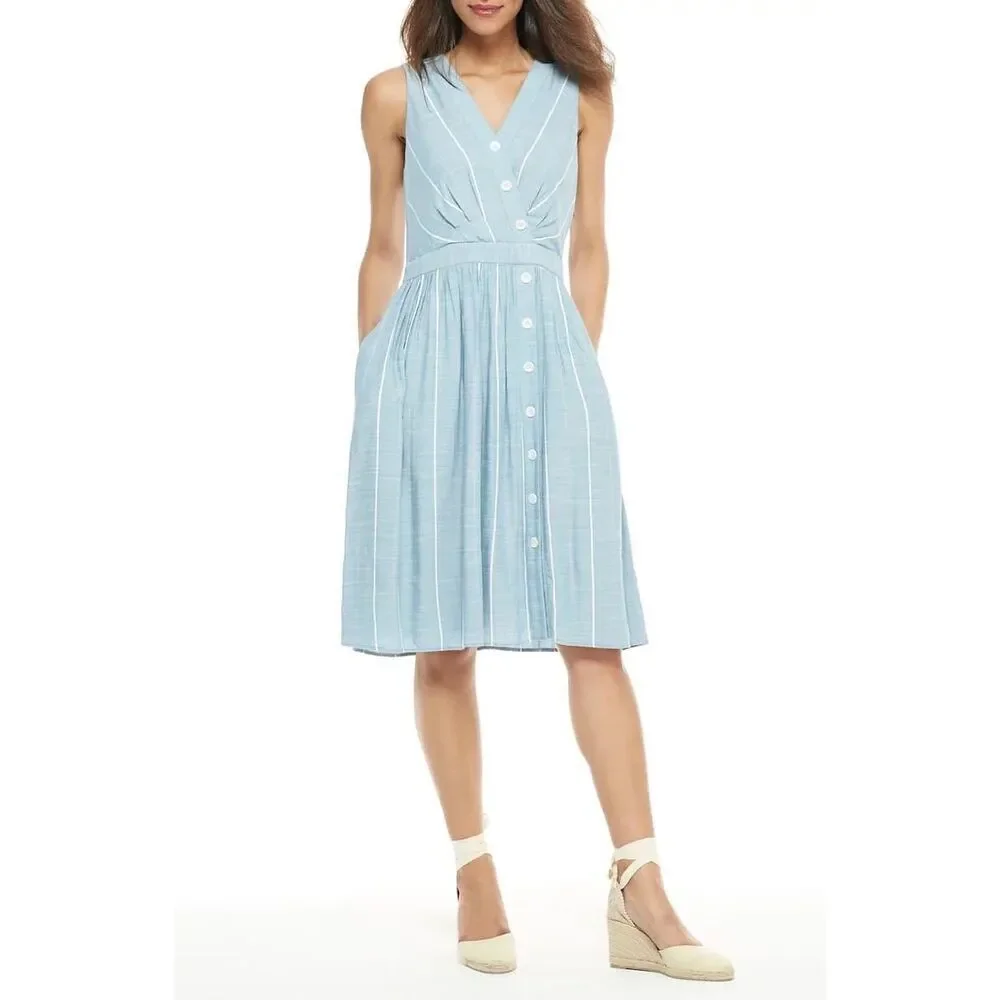 Gal Meets Glam Collection Button Front Surplice Dress Blue With White Stripes Si - Picture 14 of 14